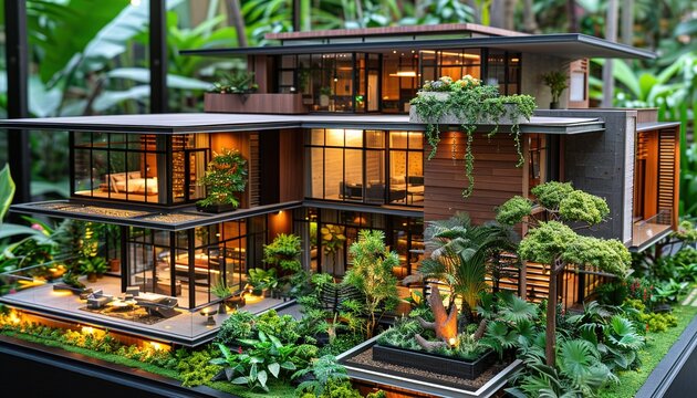 isometric diorama of a modern contemporary mansion