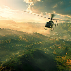 Dynamic Aerial Excellence: A Sleek Helicopter in Majestic Flight Over Stunning Landscape