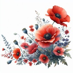 Red Poppies and Wildflowers Botanical Illustration