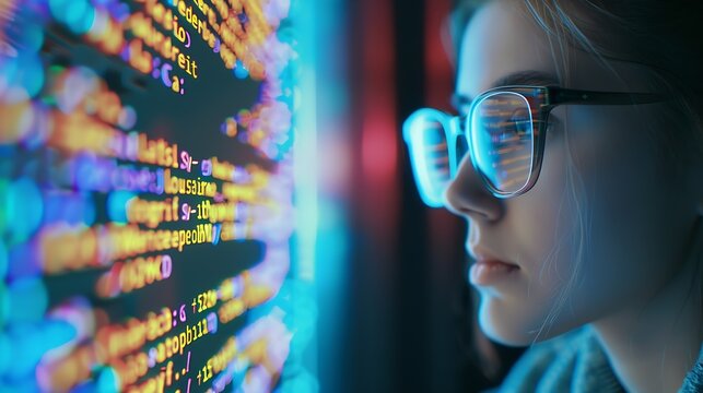Software data hologram and woman with code analytics information technology and gdpr overlay Programmer coding or IT person in glasses reading html script programming and cyber securit : Generative AI