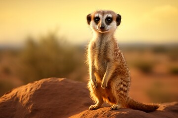 A meerkat stands alert on a rock in a desert landscape at sunset, captured in warm golden light with a blurred background.