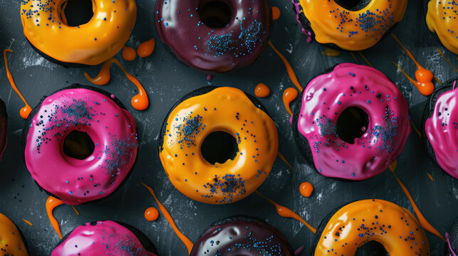 colorful vivid  glazed donuts with vibrant drips and sprinkles, ideal for halloween festive 