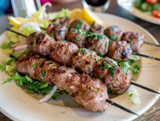Delicious Cultured Meat Kebabs Grilled to Perfection with Fresh Salad on the Side