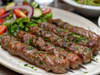 Delicious Cultured Meat Kebabs Served with Fresh Salad on a Plate