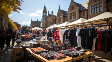 Obraz premium Shoppers at an outdoor market near historic architecture on a sunny day, representing commerce and community interaction