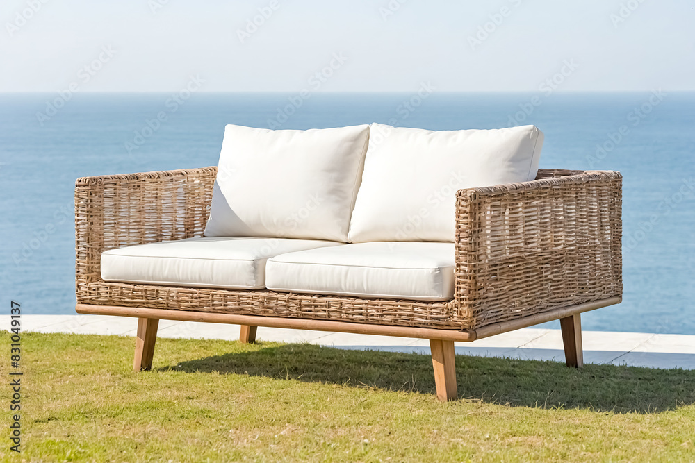 Canvas Prints Wicker Sofa on Green Grass with Ocean View