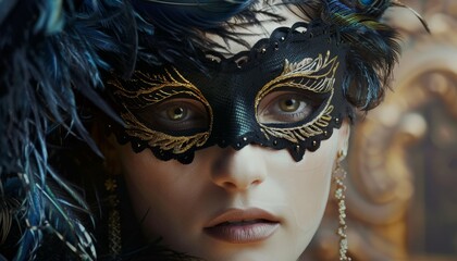 Masked woman with blue hair and golden eyes looking at camera.