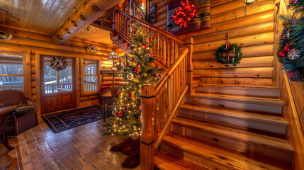 A cozy American-style staircase with pine wood steps and a rustic wooden railing, surrounded by warm, inviting decor