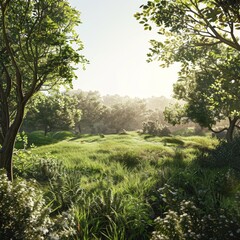 Bucolic Agroforestry Haven: Vibrant Green Landscape Teeming with Diverse Plant Life Under Sunlight Glow