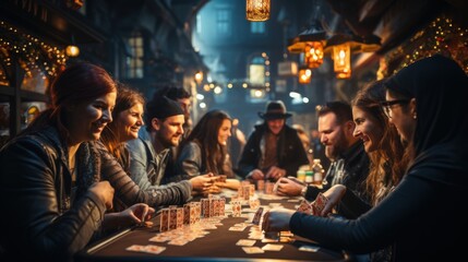 A lively group of friends enjoys an intense card game in a cozy, ambient setting
