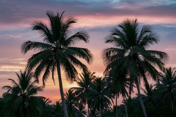 Tropical sunset with palm trees against colorful sky exudes relaxation and peace.