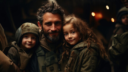 Fototapeta premium A protective father in military gear embracing his two children with a sense of tender care