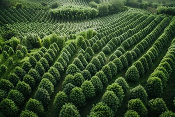 Lush Agroforestry Landscape: A Panoramic View of Green Crops and Rows of Trees in High Resolution