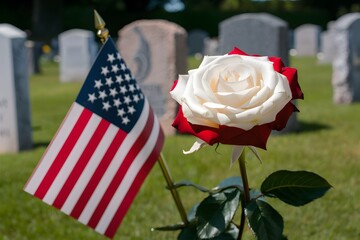A solemn remembrance scene with roses, an American flag, and tombstones in background.