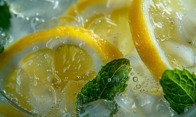 A glass of cold lemonade with a slice of lemon and mint leaves. Perfect for quenching your thirst on a hot day.
