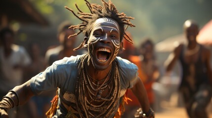 An African dancer with dreadlocks mid-perform in cultural attire against a blurred background