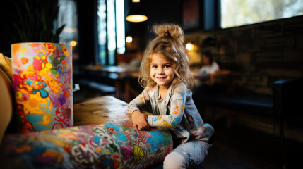 A cheerful young girl with a big smile sits in a restaurant with colorful and playful decor, exuding joy and innocence