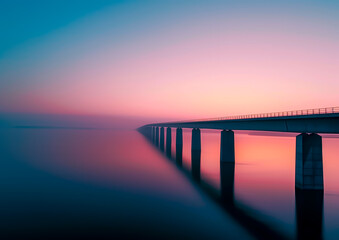 Long bridge extending over calm water at sunset. Serene and picturesque scene with vibrant colors and reflections, perfect for concepts of travel, connection, and tranquility.