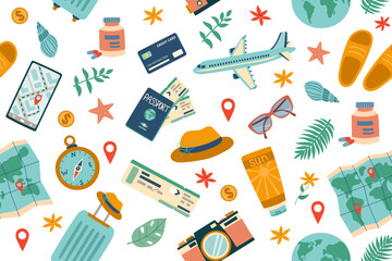 Travel seamless pattern. Travel and summer concept. Background of travel objects isolated on white. Hand drawn flat illustration.	