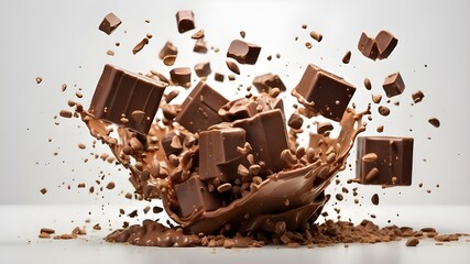 Milk chocolate bar cubes falling and splattering over a white background, isolated