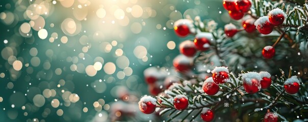 Christmas scene with blurred snowflakes, green bokeh, and pine tree decorations