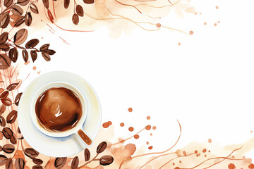 Coffee Cup with Beans Watercolor Design and Copy Space

