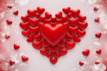 Heart shaped formation with red hearts against soft white background, conveys warmth and affection.