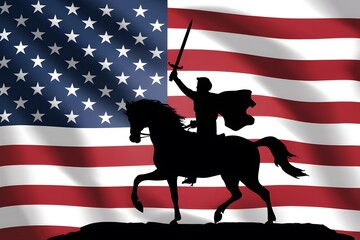 Silhouette of horseback rider with sword against American flags, symbolizing triumph and patriotism.