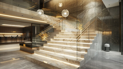 A luxurious American-style staircase with marble steps and a glass balustrade, illuminated by...