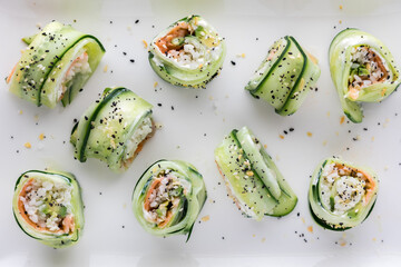 A tray of homemade cucumber sushi with everything bagel seasoning.