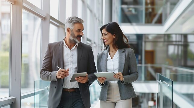 Full body vertical portrait of walking mature Latin businessman and European businesswoman discussing project on tablet in office Two diverse partners of professional business people w : Generative AI
