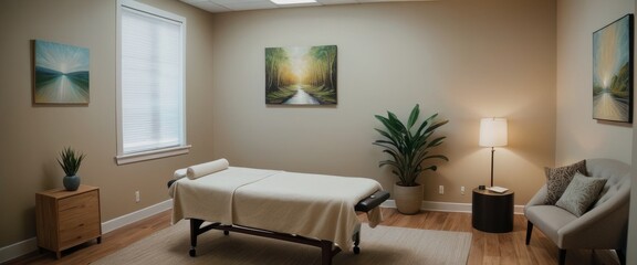 A peaceful massage room equipped with a therapy bed and decorated with calming nature-themed artwork.