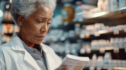 Fototapeta premium A pharmacist and woman read drugstore labels, medications, and boxes. An elderly doctor examines prescriptions, antibiotics, vitamins, and supplements.
