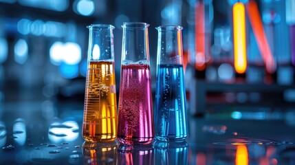 three beakers of colorful liquids in a lab setting.