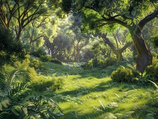 Serene Agroforestry Haven: Breathtaking Photorealistic Landscape of Lush Greenery Bathed in Soft Natural Light