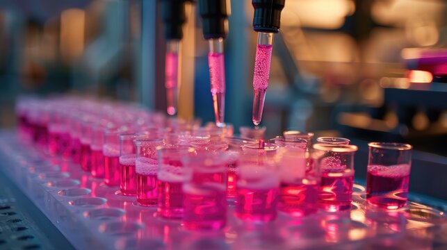 Close-up of an automated liquid handling system used in a laboratory setting. 