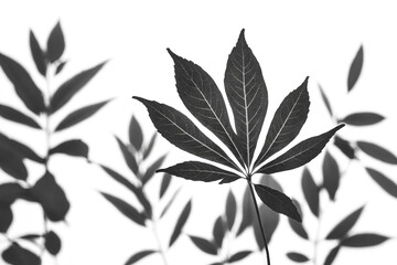 Silhouette of a single leaf with blurred leaf shadows in the background