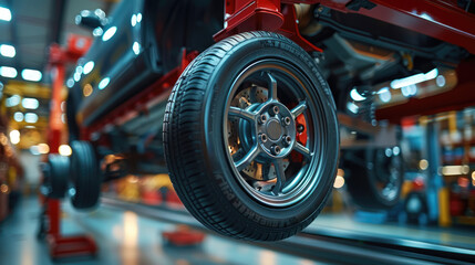 A close up of a car wheel. Cars in auto repair center