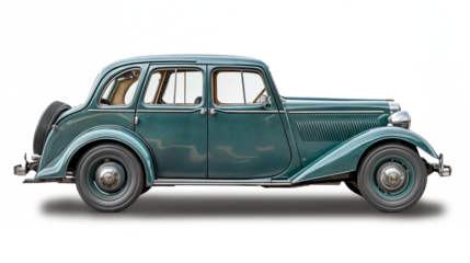 A classic car, side view,  isolated on white or transparent png background. The car is blue with chrome elements, elegant lines and retro style.