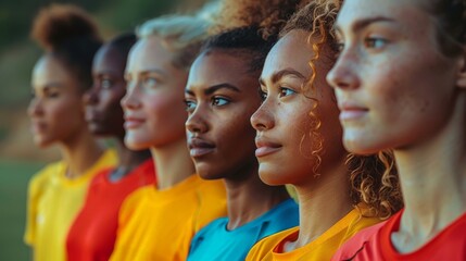 A side view of a group of multicultural athletes in a huddle, showing unity and teamwork. The minimalist background focuses on the diverse ethnicities and the sense of community, ideal for