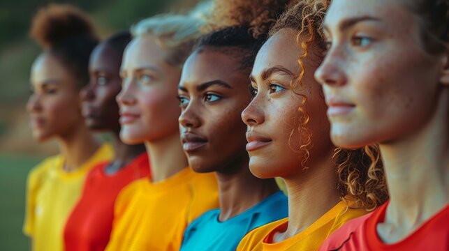 A side view of a group of multicultural athletes in a huddle, showing unity and teamwork. The minimalist background focuses on the diverse ethnicities and the sense of community, ideal for