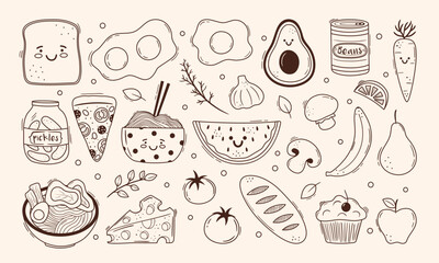 Set of cute asian food characters. Bread, eggs, avocado, ramen, beans, pizza line drawings with smiling faces. Funny doodle snacks, desserts, lunch and dinner. Hand drawn vector illustrations