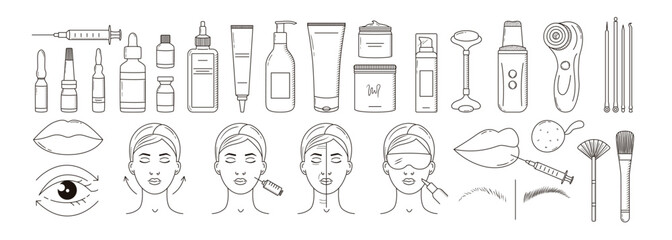Set of cosmetology devices and procedures icons. Anti-aging, lifting, lip augmentation, laser treatment, injection. Beauty clinic products. Outline vector illustrations.