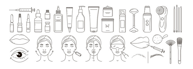 Fototapeta premium Set of cosmetology devices and procedures icons. Anti-aging, lifting, lip augmentation, laser treatment, injection. Beauty clinic products. Outline vector illustrations.