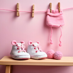 cute baby sneakers and crochet toy drying on washing line against pink wooden wall ping back ground generate ai