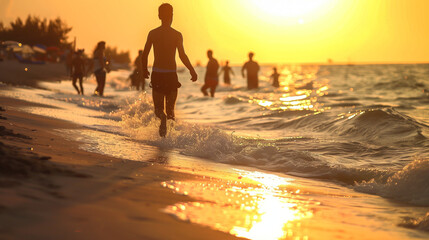Fototapeta premium Unknown man walk at the beach and enjoy summer