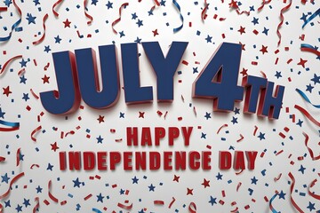 Vibrant 4th of July design with 3D text and confetti in patriotic colors.