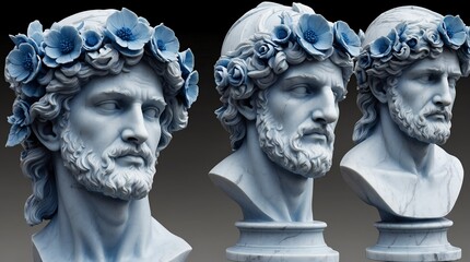blue flowers crown wreath of greek god marble sculpture statue art