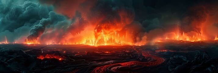 Lava spurting out of crater and reddish illuminated smoke cloud, lava flows, erupting volcano. Panoramic view panorama