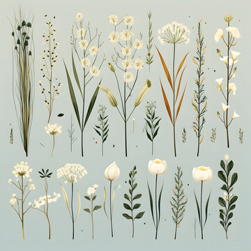 set of Bear grass, plants, leaves and branches. Vector illustrations of beautiful realistic flowers for background, pattern or wedding invitations